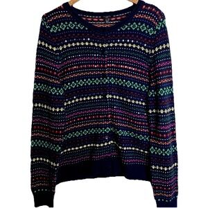 Talbots Wool Fair Isle Cardigan Sweater Womens XLP Sequins Navy Party
